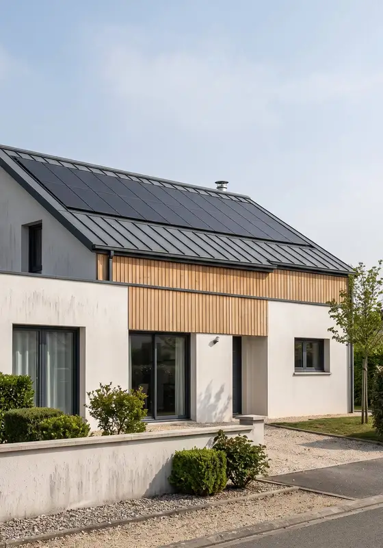 Une maison neuve à enduit gris clair et porte de garage en bois, un versant de toit couvert de panneaux photovoltaïques noirs. Illustration.