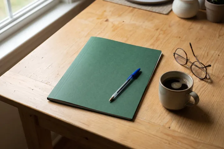 Un dossier fermé, un stylo et une tasse sur une table de cuisine. Illustration.