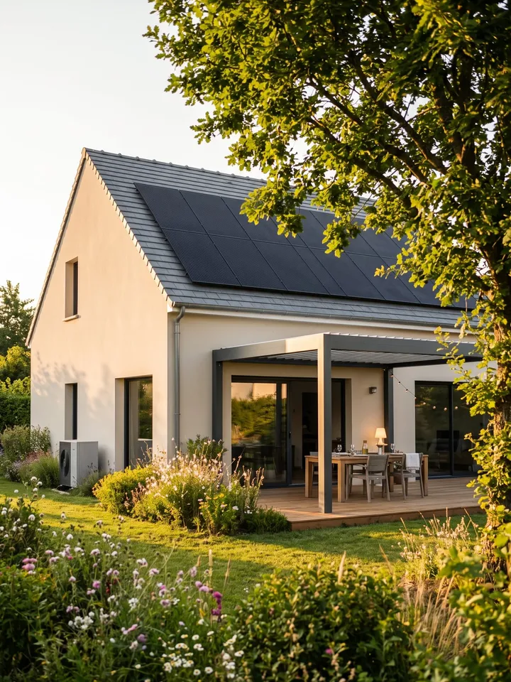 Un pavillon au soleil du soir, panneaux photovoltaïques sur le toit, terrasse sous une pergola, table dressée. Illustration.