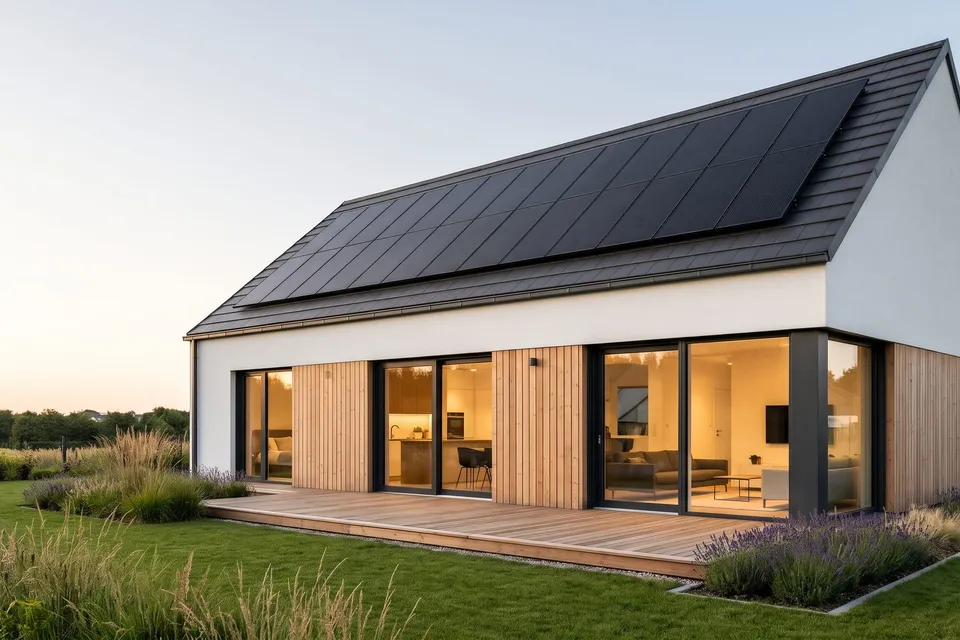 Une maison contemporaine dont un pan de toiture est couvert de panneaux photovoltaïques noirs, vue depuis le jardin. Illustration.