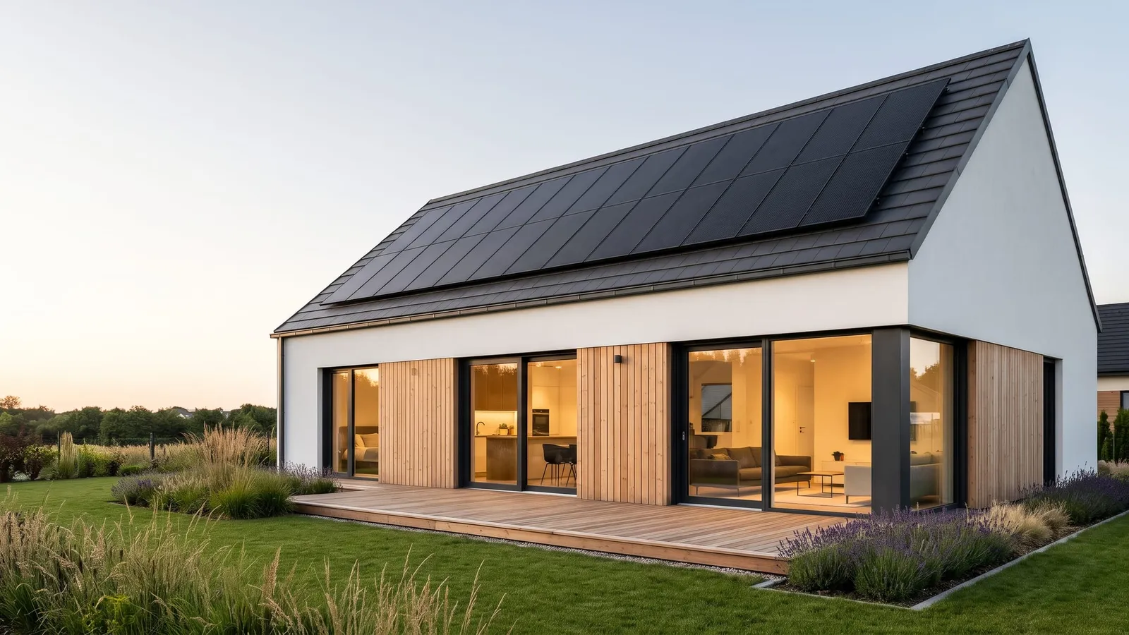 Simulateur solaire : une maison contemporaine dont un pan de toiture est couvert de panneaux photovoltaïques noirs, vue depuis le jardin, illustration