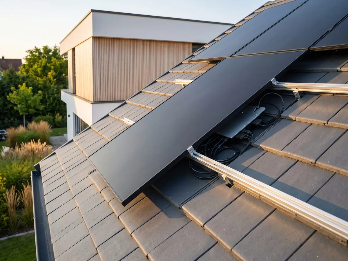 Panneaux photovoltaïques : un panneau sur ses rails et son micro-onduleur, de près, illustration